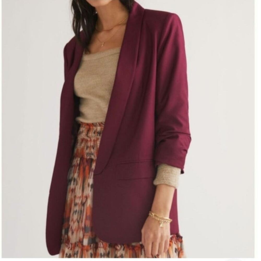 Mare Mare x Anthropologie Cinched Sleeve Blazer in Raspberry Maroon Red Size: S